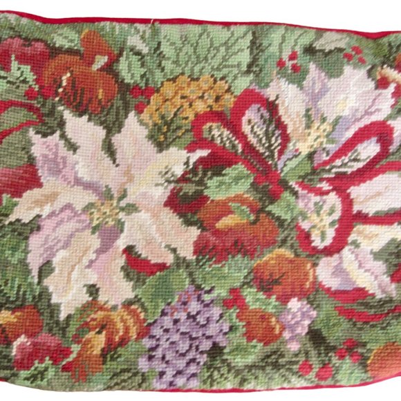 VTG Christmas Needlepoint Pillow Cover Poinsettia White Green w Red Velvet Back - Picture 1 of 3